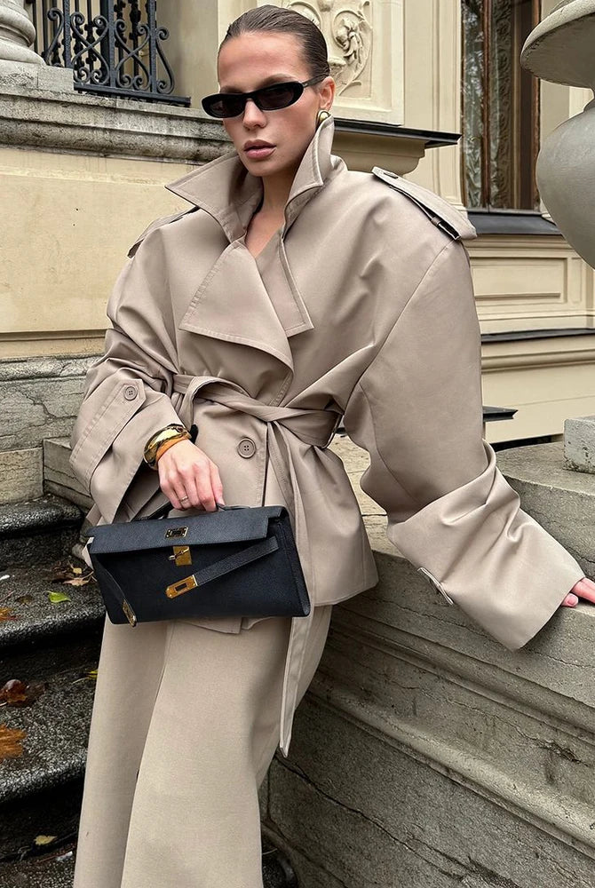 Belted Waist Cropped Trench Coat for Women - Double Breasted Stand Collar Autumn Elegant Vintage Jacket