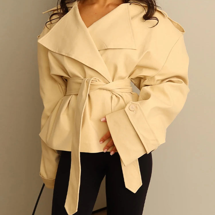 Belted Waist Cropped Trench Coat for Women - Double Breasted Stand Collar Autumn Elegant Vintage Jacket 8