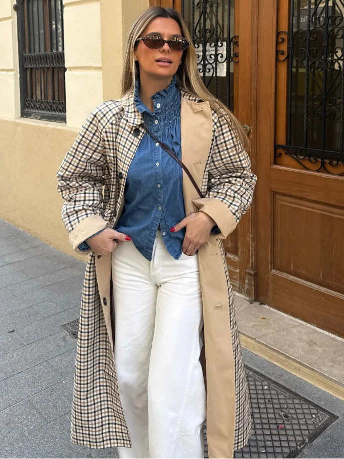 Double-Sided Long Trench Coat Women, Loose Full Sleeves, Single-Breasted, Pockets, Spring Outwear, Stylish Women's Coat 0