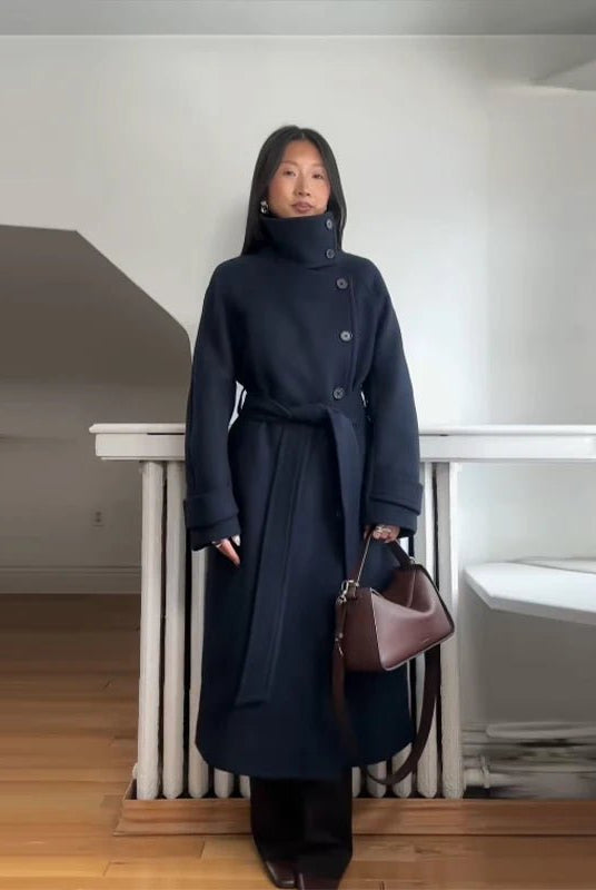 Feline Long Belted High Collar Womens Coat - Stylish Winter Outerwear 0