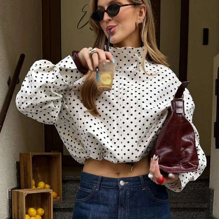 HH Women’s Autumn Long Sleeve Turtleneck Zipper Coat with Pockets - Casual Polka Dot Jacket 3