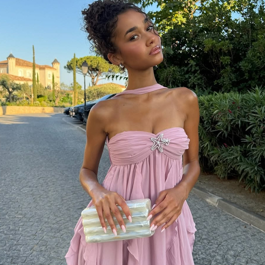 Harper vestido largo strapless con volantes