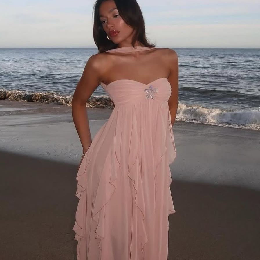 Harper vestido largo strapless con volantes