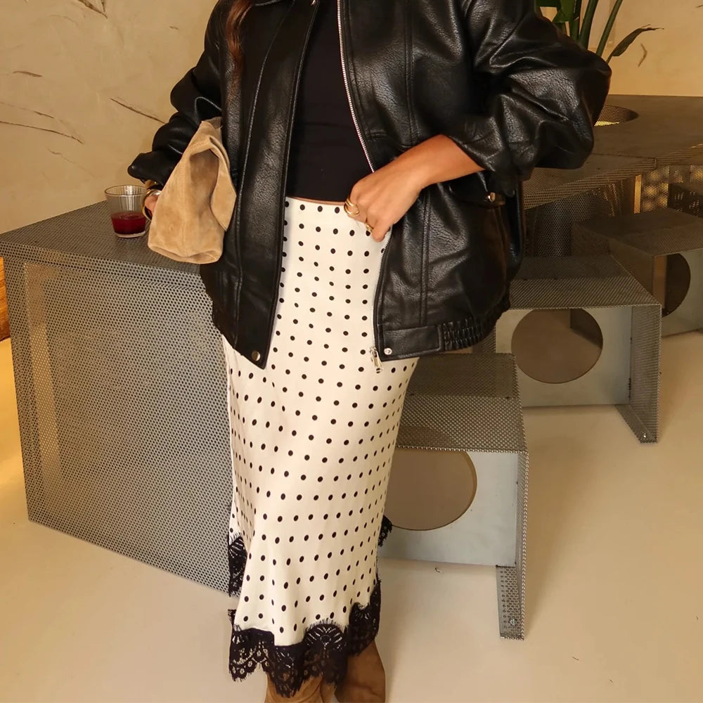 Retro Dots Print Casual Lace Midi Skirt for Women - Slim High Waist Elegant Patchwork Skirts 4