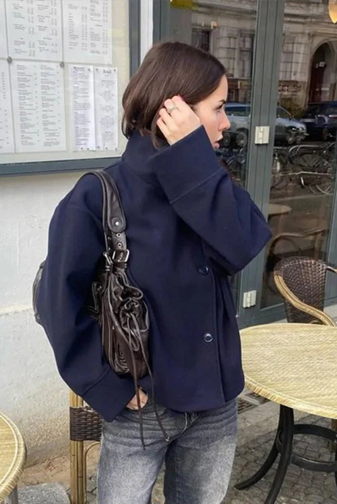 SEAME - Rosalia Elegant Lady Women's Jacket with Stand Collar for Autumn Style Navy Blue S