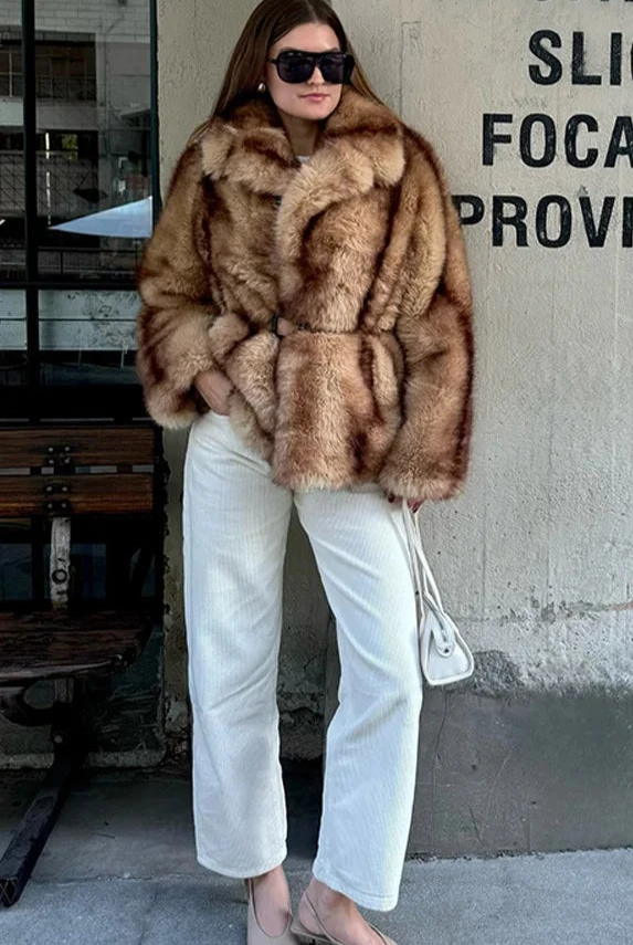 Stylish Faux Fur Coat Women with Turn-Down Collar & Covered Button Closure 4