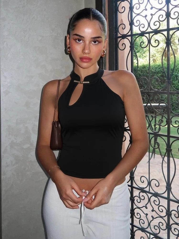 Weird Puss Women's Tank Top - Cheongsam Buckle Design, Y2K Summer Trend, Stretchy Solid Vest for Daily Chic Wear 1