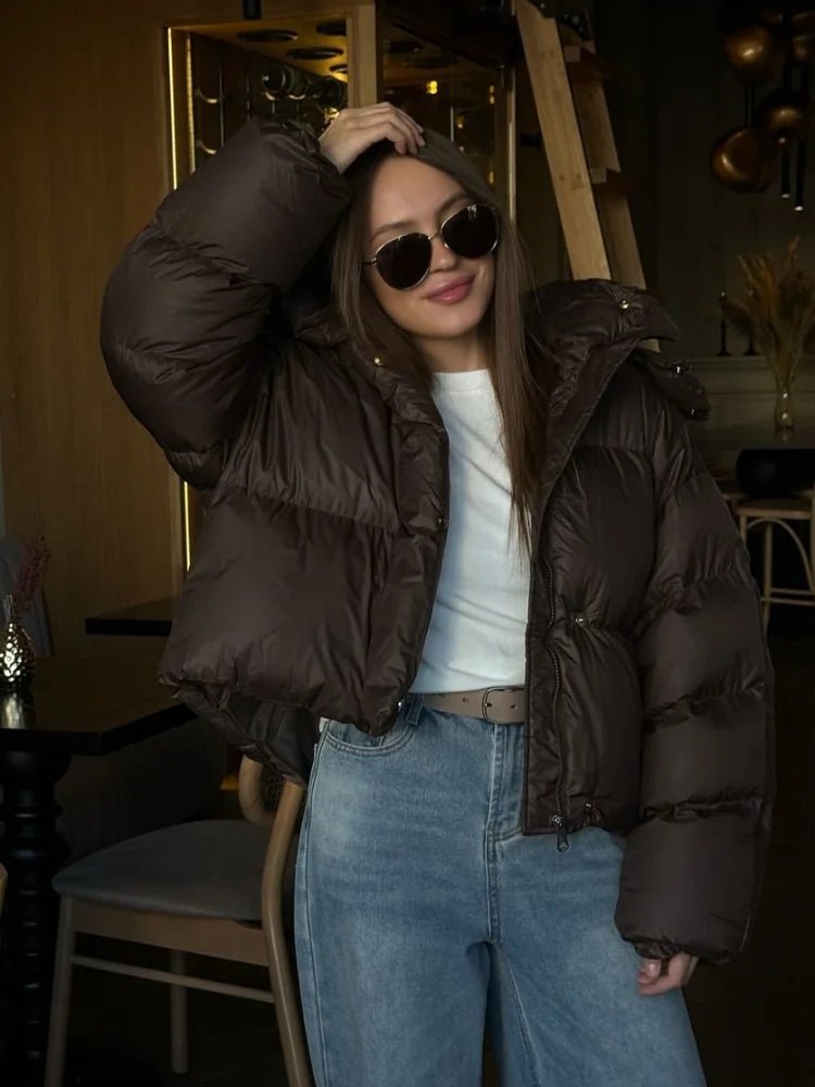 Women's Deep Brown Hooded Puffer Jacket - Casual Winter Coat for Women 3