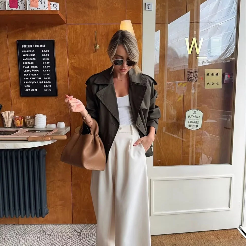 Womens Vintage Cropped Trench Coat - Chic Double Breasted Jacket for Spring Autumn Streetwear 5