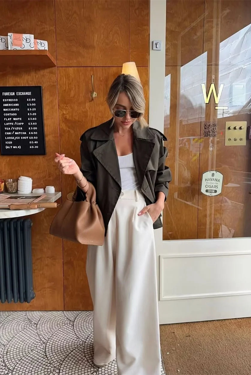 Womens Vintage Cropped Trench Coat - Chic Double Breasted Jacket for Spring Autumn Streetwear 5