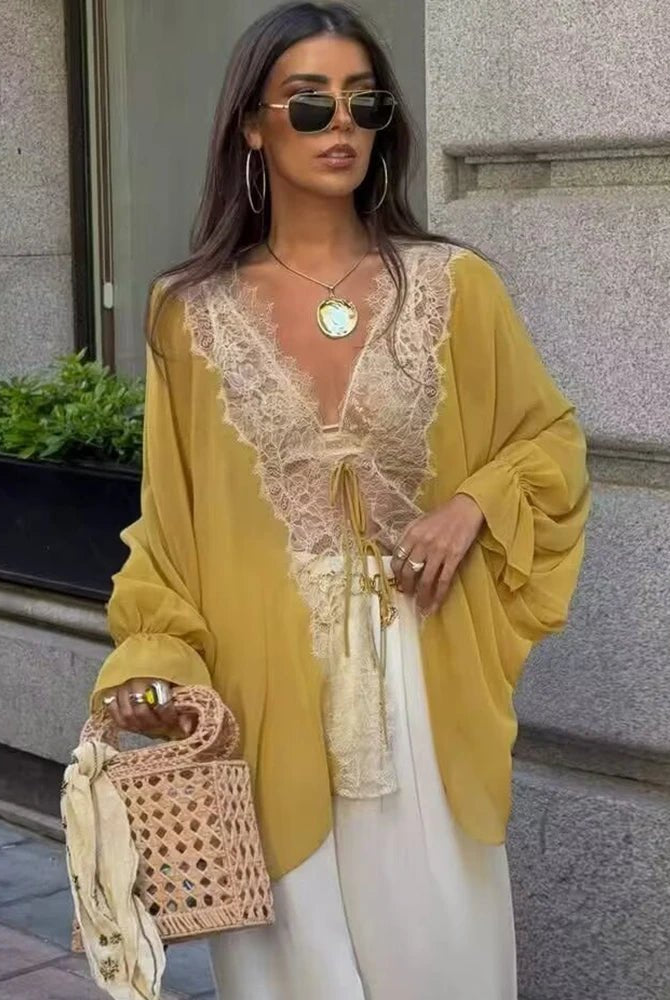 SOERA Aisnera Lace Patchwork Blouse - Blouse - SOERA-750723-1-XS-38787 Yellow XS