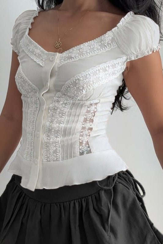 SOERA Gelyn Button Front Puff Lace Blouse - Blouses - bW1776026011576067756 M