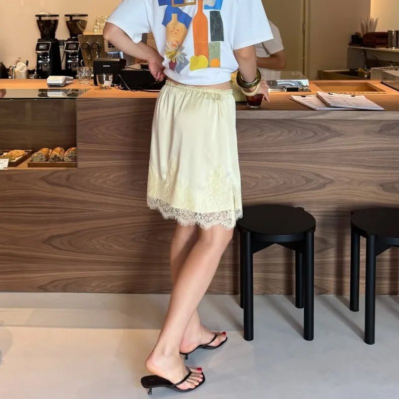 SOERA Saskia Lace Patchwork Satin Mini Skirt - Bottoms - Yellow S