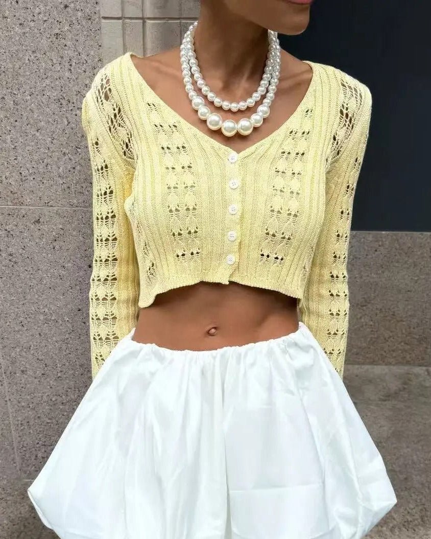 SOERA Ivana Hollow Out Knitted Cardigan - Cardigans - nj1771188465070523009 Butter Yellow M