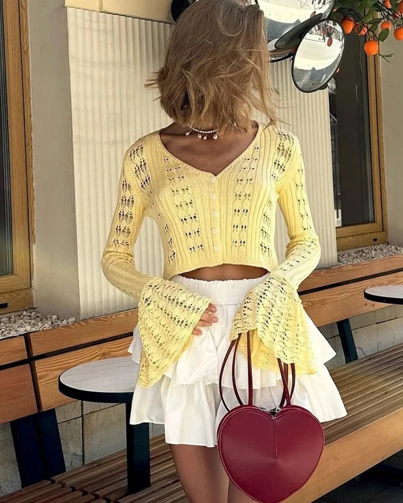 SOERA Ivana Hollow Out Knitted Cardigan - Cardigans - oh1771188465070101826 Butter Yellow S