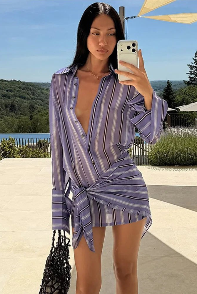 SOERA Aisonika Striped Chiffon Shirt Dress - Dress - SOERA-093187-L-OS-10627 L