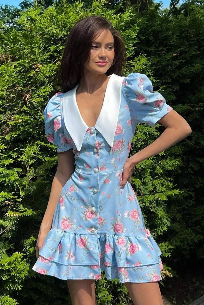 SOERA Andromeda Floral Puff Sleeve Mini Dress - Dress - Blue M