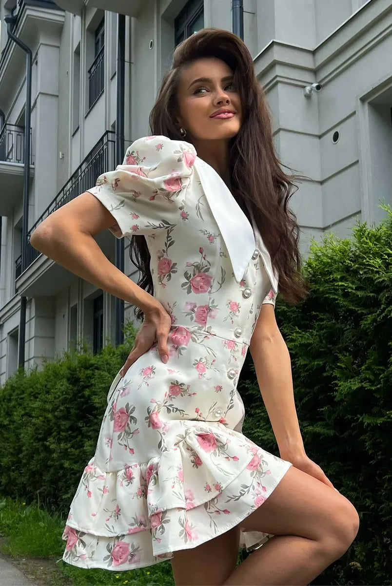 SOERA Andromeda Floral Puff Sleeve Mini Dress - Dress - White L
