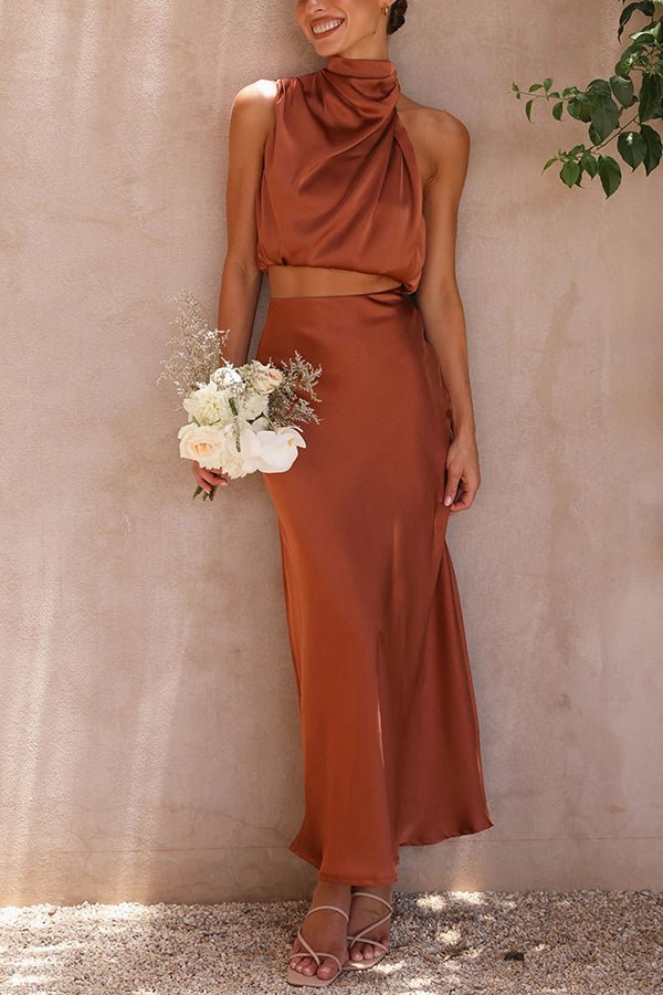 SOERA Beatrice Two - Piece Satin Wedding Guest Set - Dress - Brown S