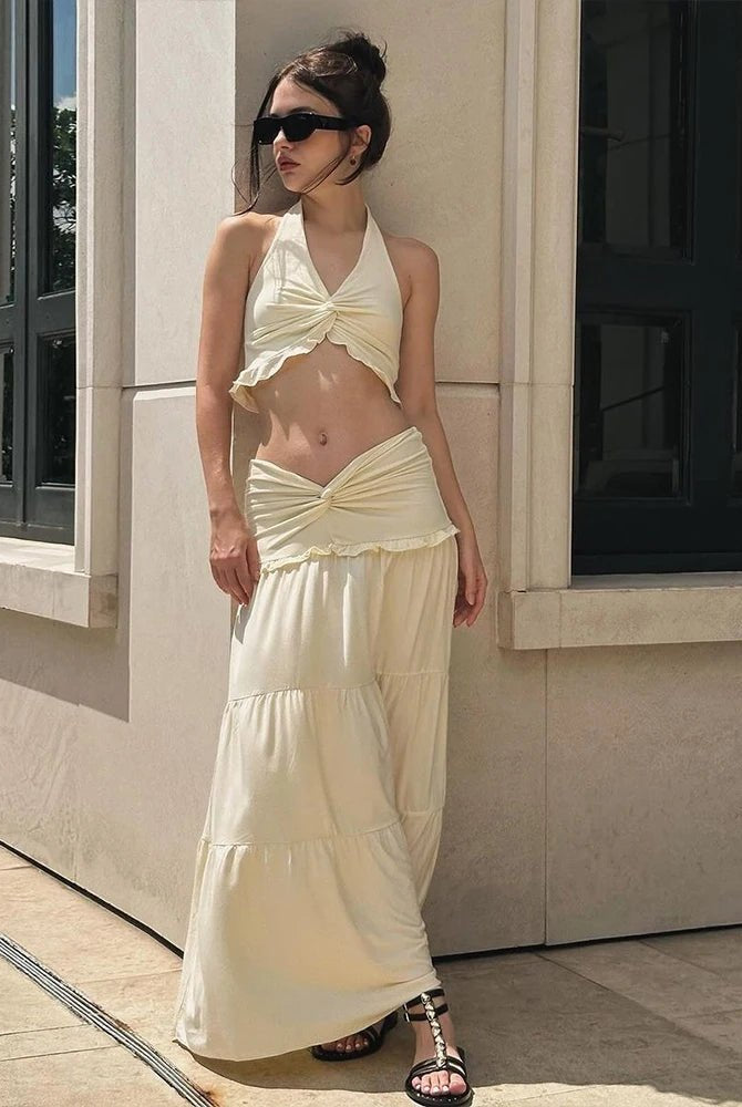 SOERA Bianca Halter Crop Top & Pleated Skirt Set - Dress - SOERA-890627-CRE-L-09315 L