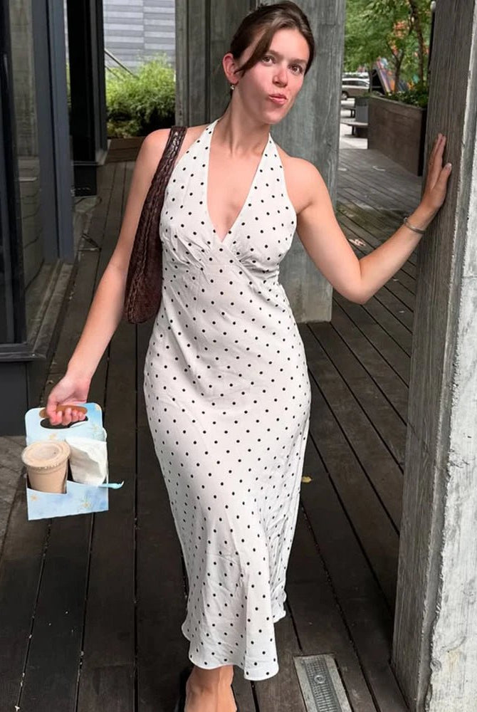 SOERA Bianca Polka Dot Halter Maxi Dress - Dress - White M