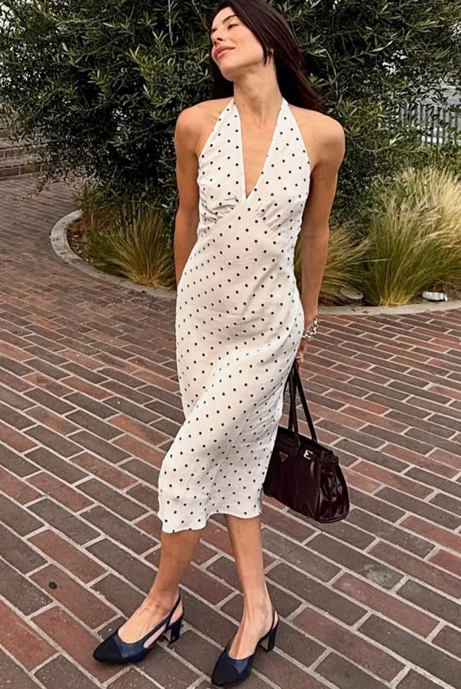 SOERA Bianca Polka Dot Halter Maxi Dress - Dress - White M