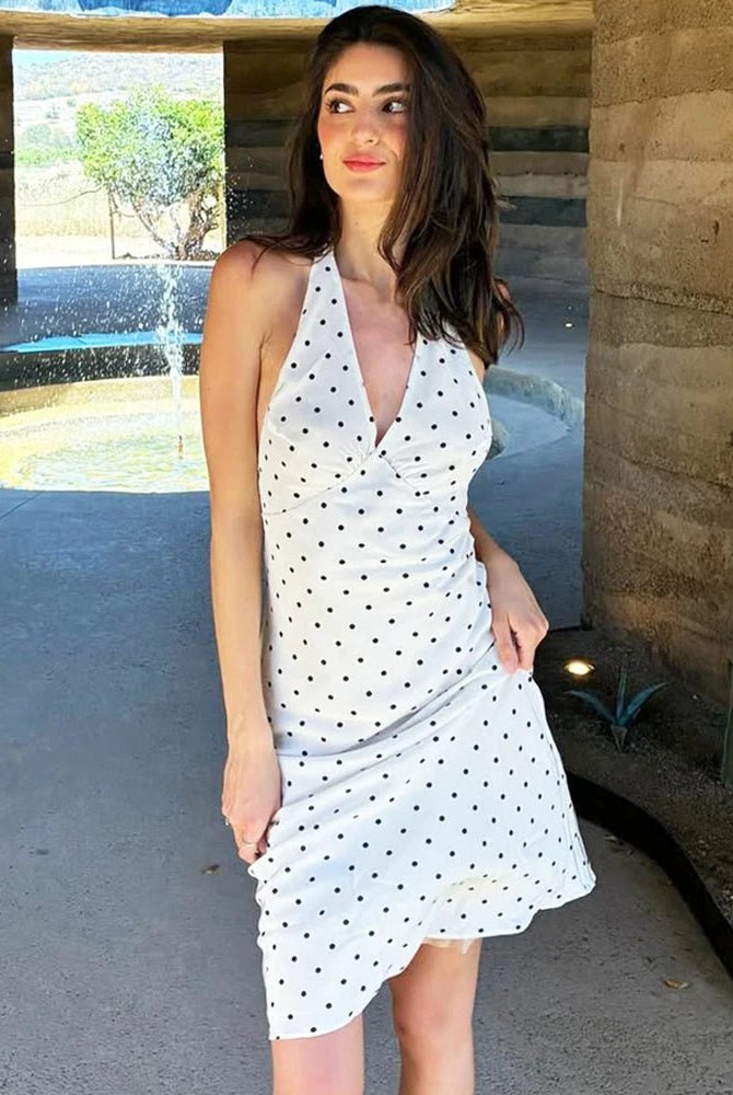 SOERA Bianca Polka Dot Halter Maxi Dress - Dress - White XS
