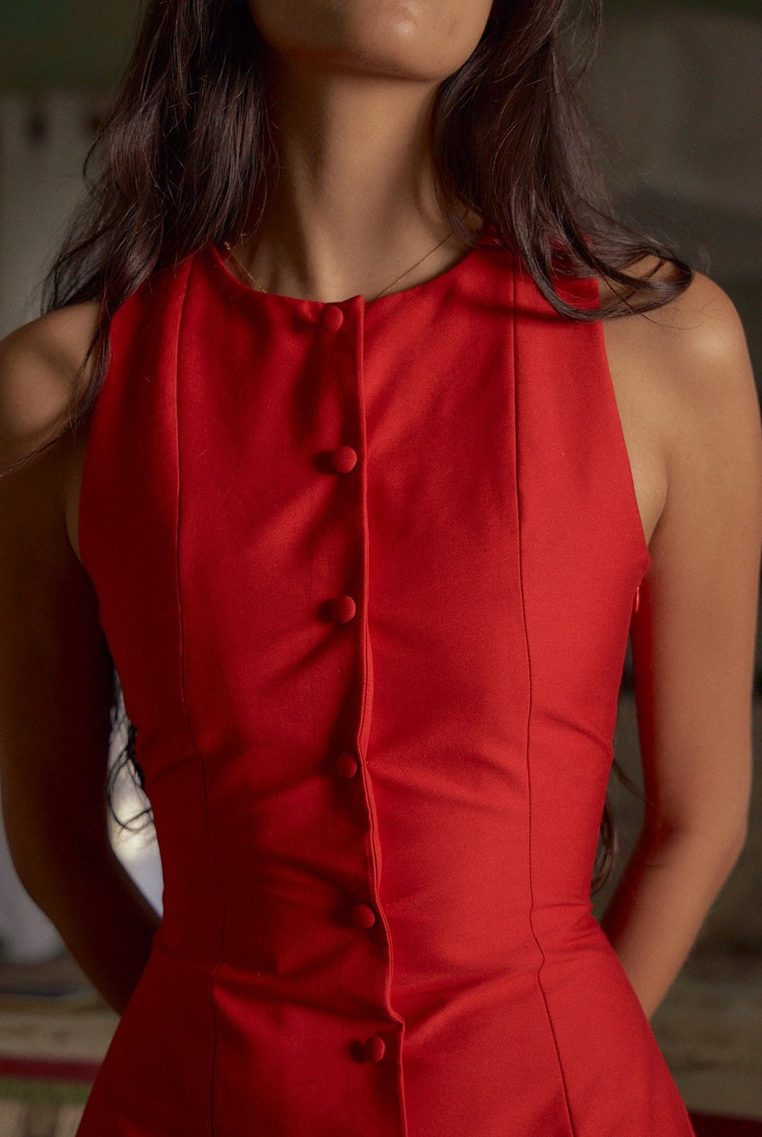 SOERA Celeste Button - Front Sleeveless Mini Dress - Dress - Red S