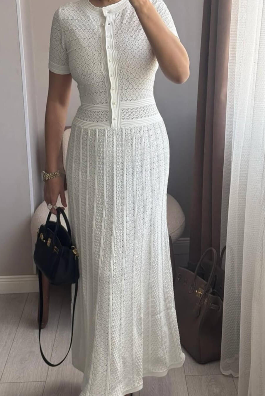 SOERA Celeste Half Button Knitted Midi Dress - Dress - White XS