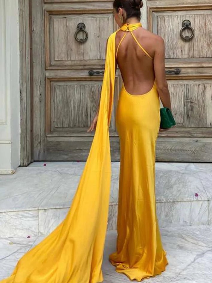 SOERA Demetra Satin Halter Backless Evening Gown - Dress - Yellow S