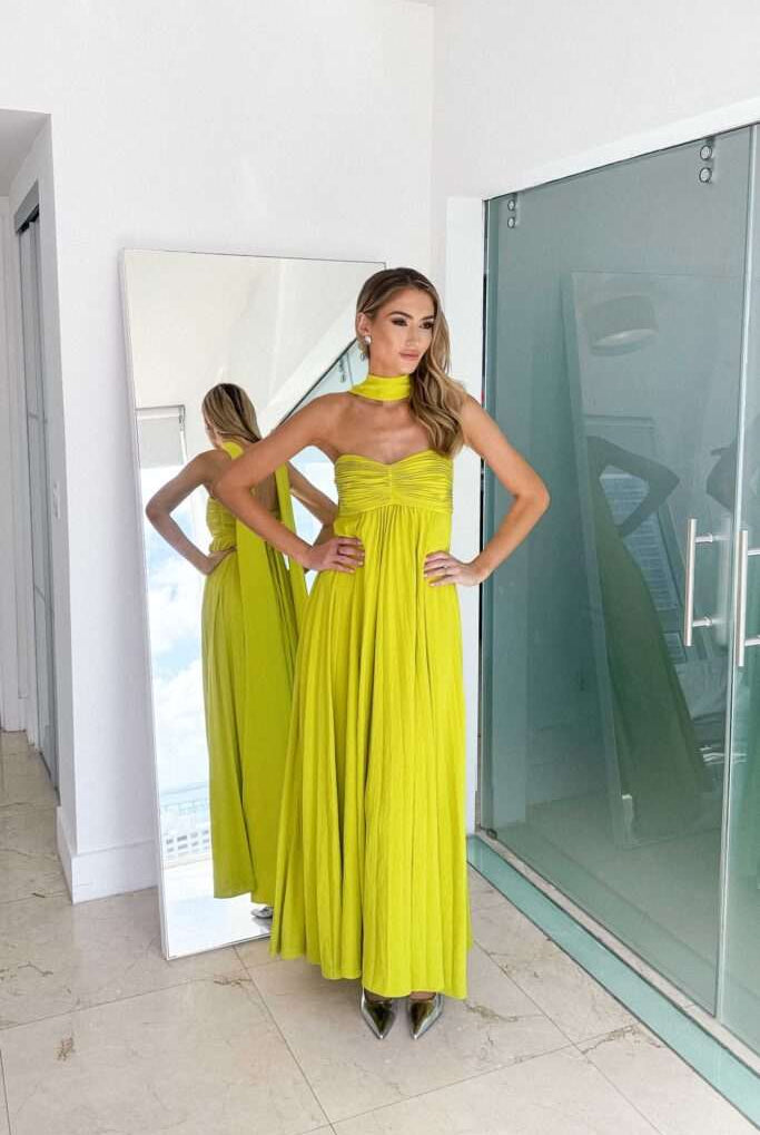 SOERA Diana Halter Ruched Maxi Dress with Scarf - Dress - SOERA-795907-LIM-L-75971 Lime Yellow L