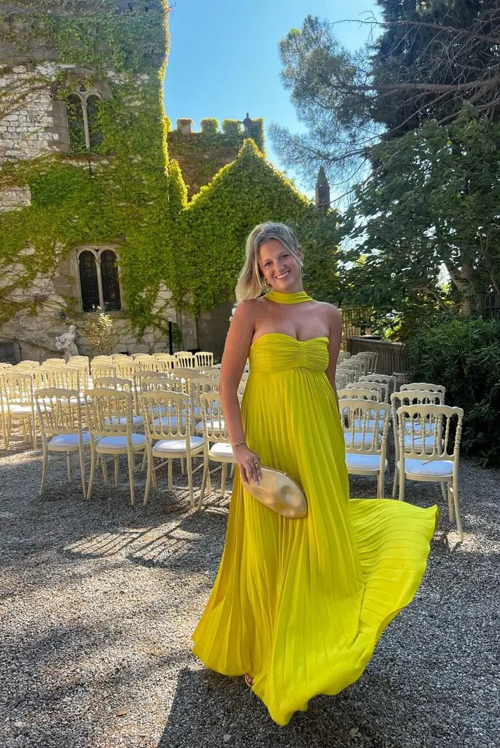 SOERA Diana Halter Ruched Maxi Dress with Scarf - Dress - SOERA-795907-LIM-M-43203 Lime Yellow M