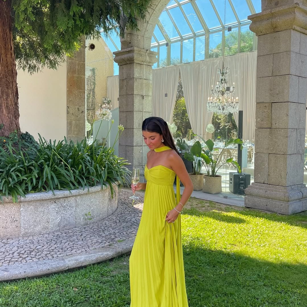 SOERA Diana Halter Ruched Maxi Dress with Scarf - Dress - SOERA-795907-LIM-S-10435 Lime Yellow S