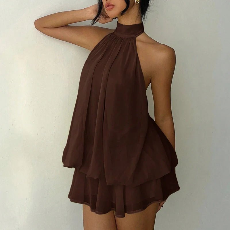 SOERA Eden Halter Backless Mini Dress - Dress - Brown S