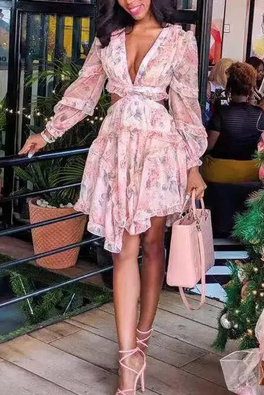 SOERA Evangeline V - Neck Floral Chiffon Dress - Dress - M