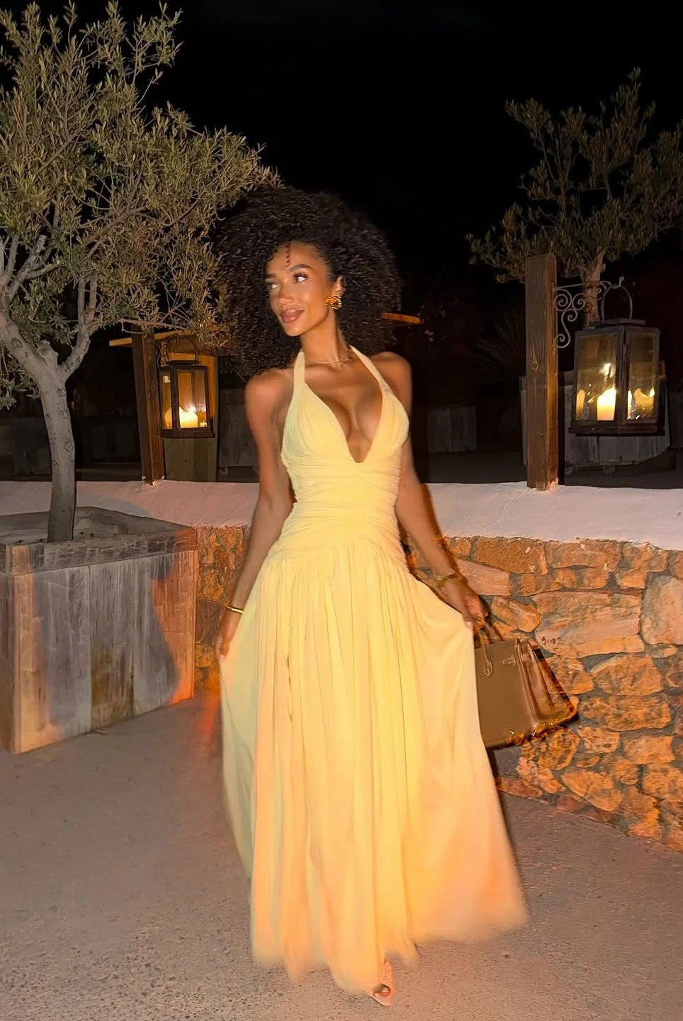 SOERA Helena Deep V Ruched Maxi Dress with Slit - Dress - SOERA-812867-DEF-OS-71332 Yellow S