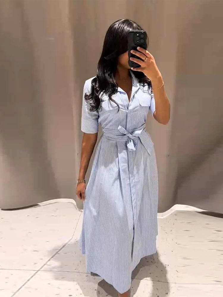 SOERA Katniss Striped Lace - Up Collar Maxi Dress - Dress - Blue M
