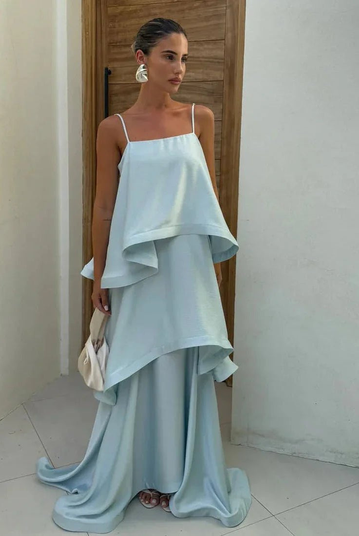 SOERA Margot Tiered Ruffle Satin Maxi Dress - Dress - SOERA-288579-BLU-M-56771 Blue M
