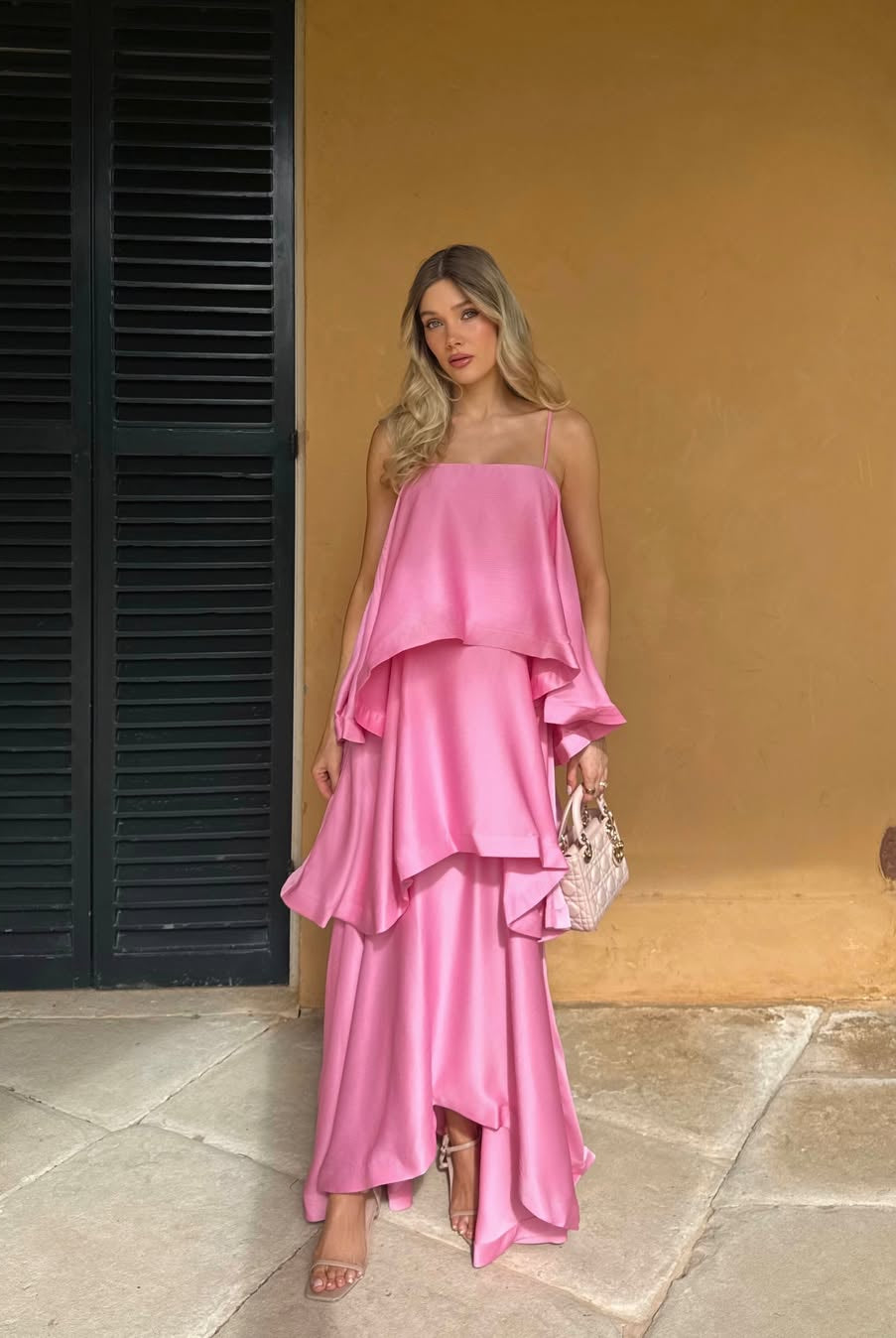 SOERA Margot Tiered Ruffle Satin Maxi Dress - Dress - SOERA-288579-PIN-S-51683 Pink S