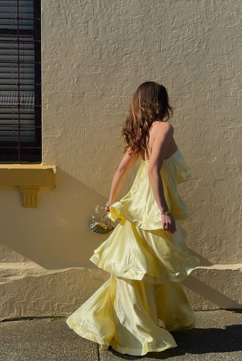 SOERA Margot Tiered Ruffle Satin Maxi Dress - Dress - SOERA-288579-YEL-S-87843 Yellow S