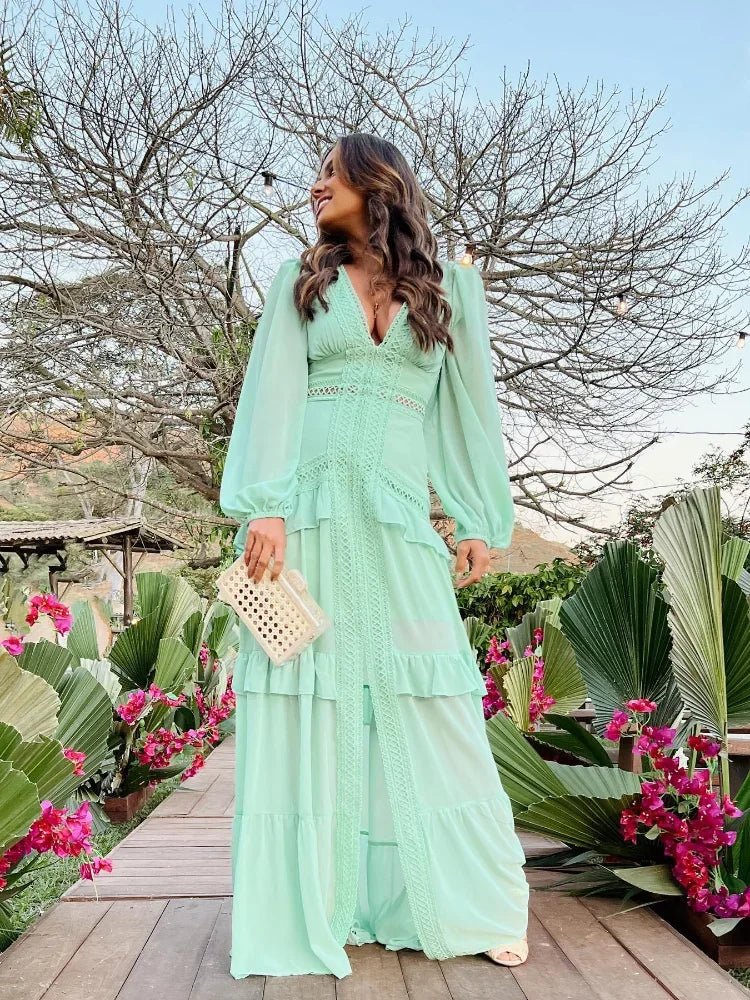 SOERA Molly Deep V - Neck Ruffle Maxi Dress - Dress - Light Green S