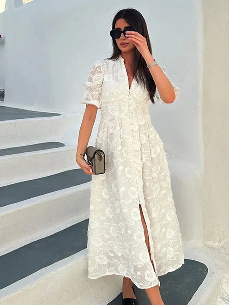SOERA Wendy Embroidered Lace V - Neck Midi Dress - Dress - White XS