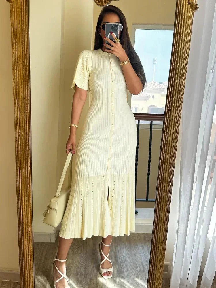 SOERA Bianca Bell Sleeve Pleated Knit Midi Dress - Dresses - Beige S