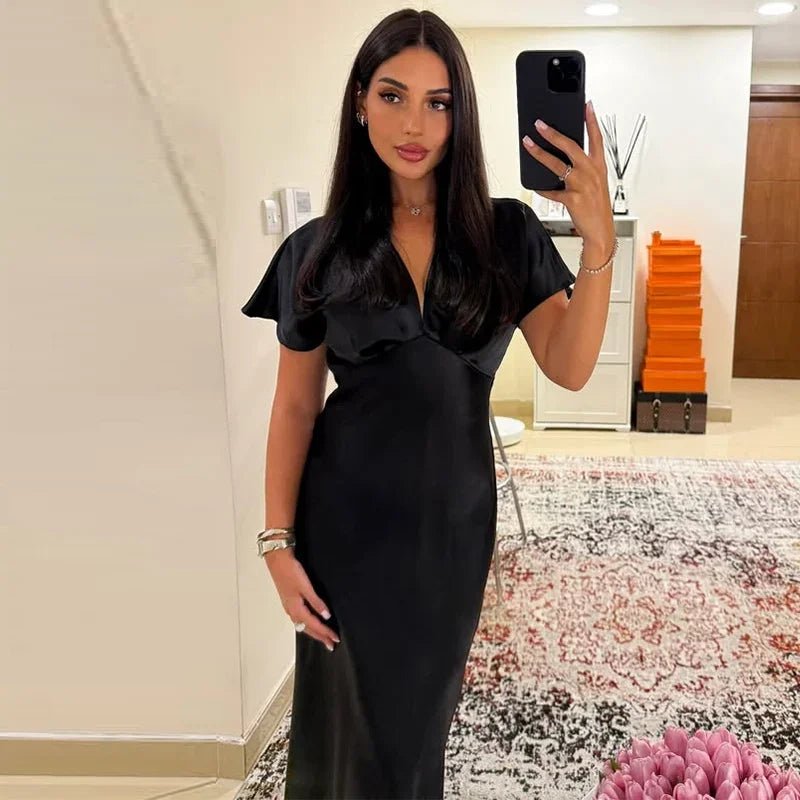 SOERA Janna V Neck Satin Midi Dress - Dresses - 1005009335625629-;xH1771345061657980416 Black XS