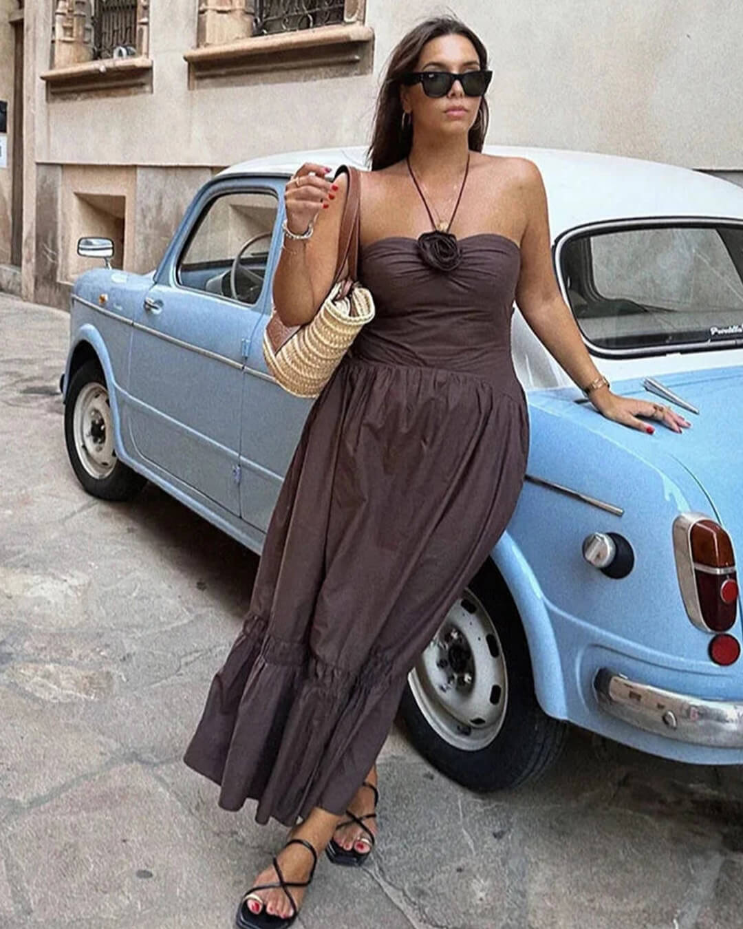 SOERA Kate Halterneck Flower Applique Midi Dress - Dresses - fv1774929987193467289 Brown XS