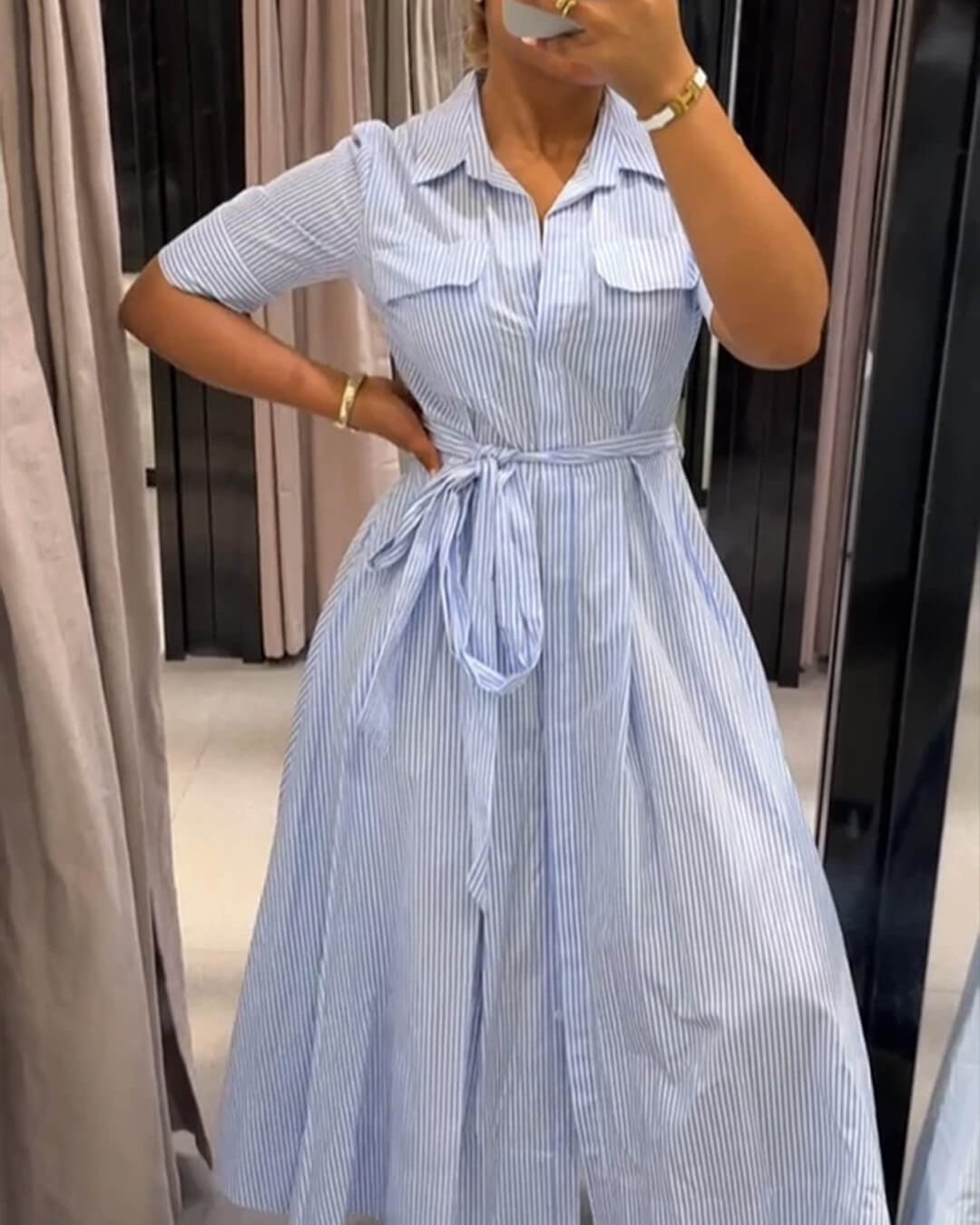 SOERA Katniss Striped Lace - Up Collar Maxi Dress - Dresses - Blue XS