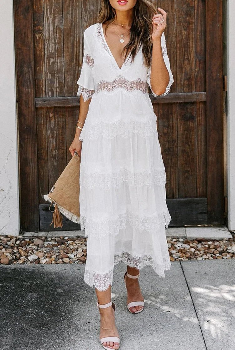 SOERA Winona Lace V - Neck Midi Dress - Dresses - 1005008576606072-;gQ1776146840071813430 White S