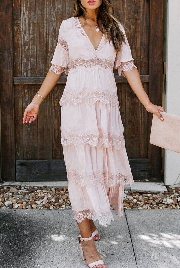 SOERA Winona Lace V - Neck Midi Dress - Dresses - 1005008576606072-;LW1776146840072308593 Pink S