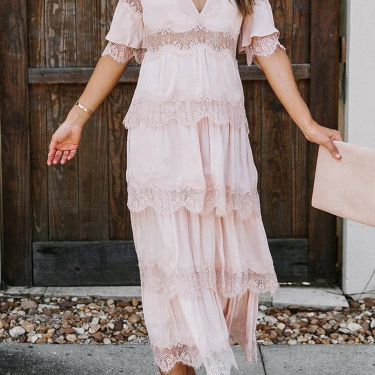 SOERA Winona Lace V - Neck Midi Dress - Dresses - 1005008576606072-;LW1776146840072308593 Pink S