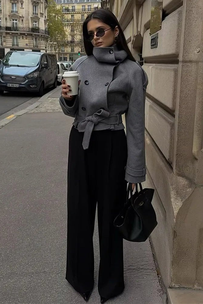 SOERA Debbie Stand Collar Short Trench Coat - Jackets - 1005010585967410-;bg1773321574175519045 Gray S